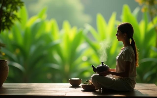 Nyugodt tea terasz, ahol egy személy ül a csendben, kezében egy gőzölgő teáskancsó, háttérben elmosódó zöld növényekkel, ami a belső békét ábrázolja.