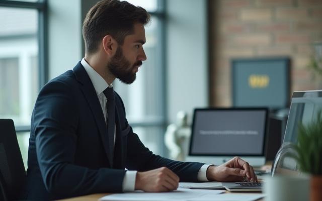 Modern irodai környezet, ahol egy elegánsan öltözött személy nyugodtan dolgozik, mögötte táblagépen látható sztoikus idézetek az önkontrollról.