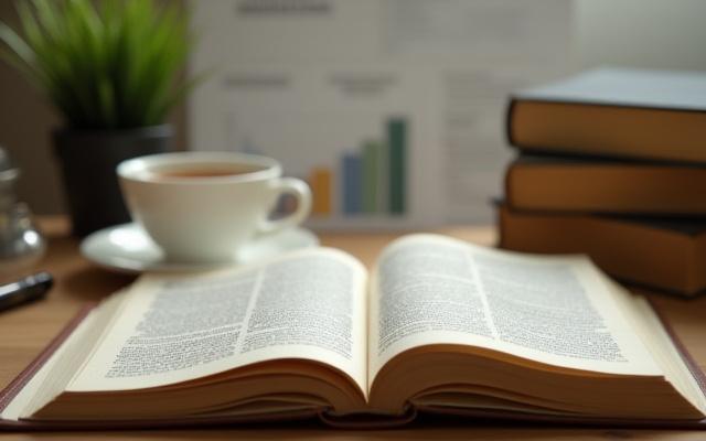 Filozófiai könyvek nyitott oldalakkal, mellette egy teáskanna és csésze egy nyugodt irodában, homályos háttérben etikus üzleti grafikonokkal.