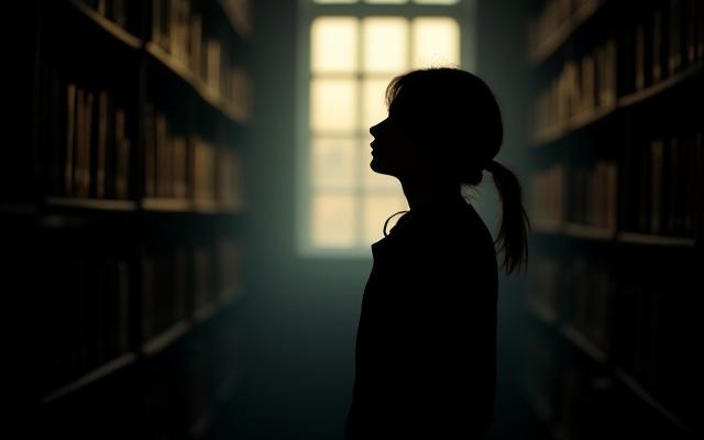 Egy elgondolkodó ember sziluettje egy könyvtárban, ahogy egy ablakon kinéz, mintha mélyen elmélkedne az élete célján.