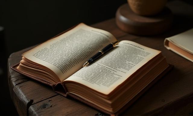 Egy régi, klasszikus filozófiai könyv fekszik egy asztalon, mellette toll és jegyzetfüzet, készen a vitára.