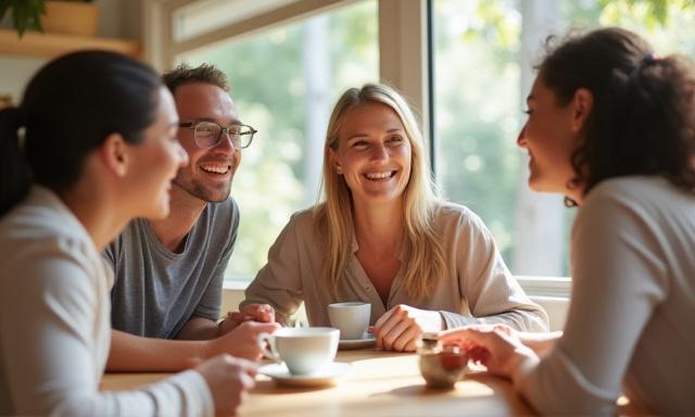 Emberek csoportja beszélget és nevet egy teaház nyugodt környezetében, boldog arckifejezésekkel.