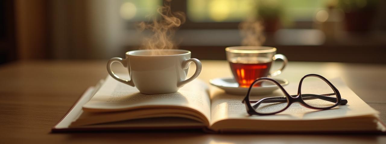 Egy asztalon gőzölgő teáscsésze, nyitott könyv és szemüveg, utalva a filozofikus olvasásra és a nyugodt pihenésre.