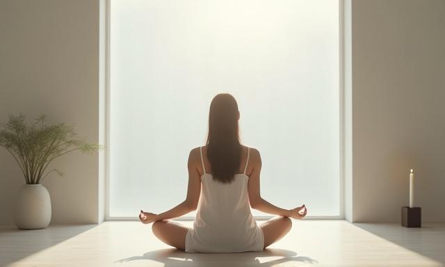 Nyugodt személy meditál egy csendes szobában, napfénnyel megvilágítva, a sztoikus filozófia belső békéjét jelképezve.